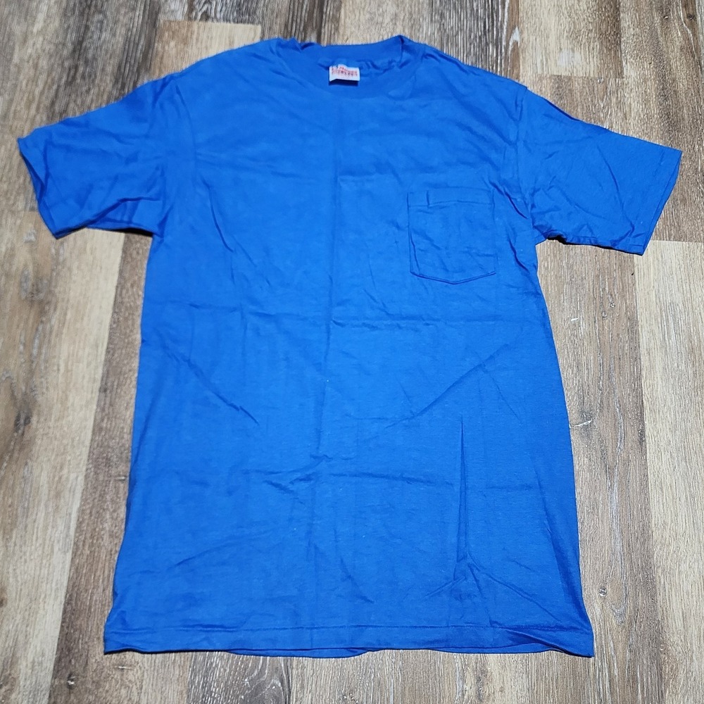 VTG 90s Hanes Pocket T Shirt Blue Single Stitch Size Large Cotton Blank Made USA